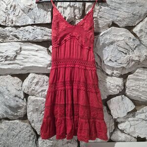 Scully Western Floral Dress Women Faded  Red Embroidered Crochet Boho Tiered S